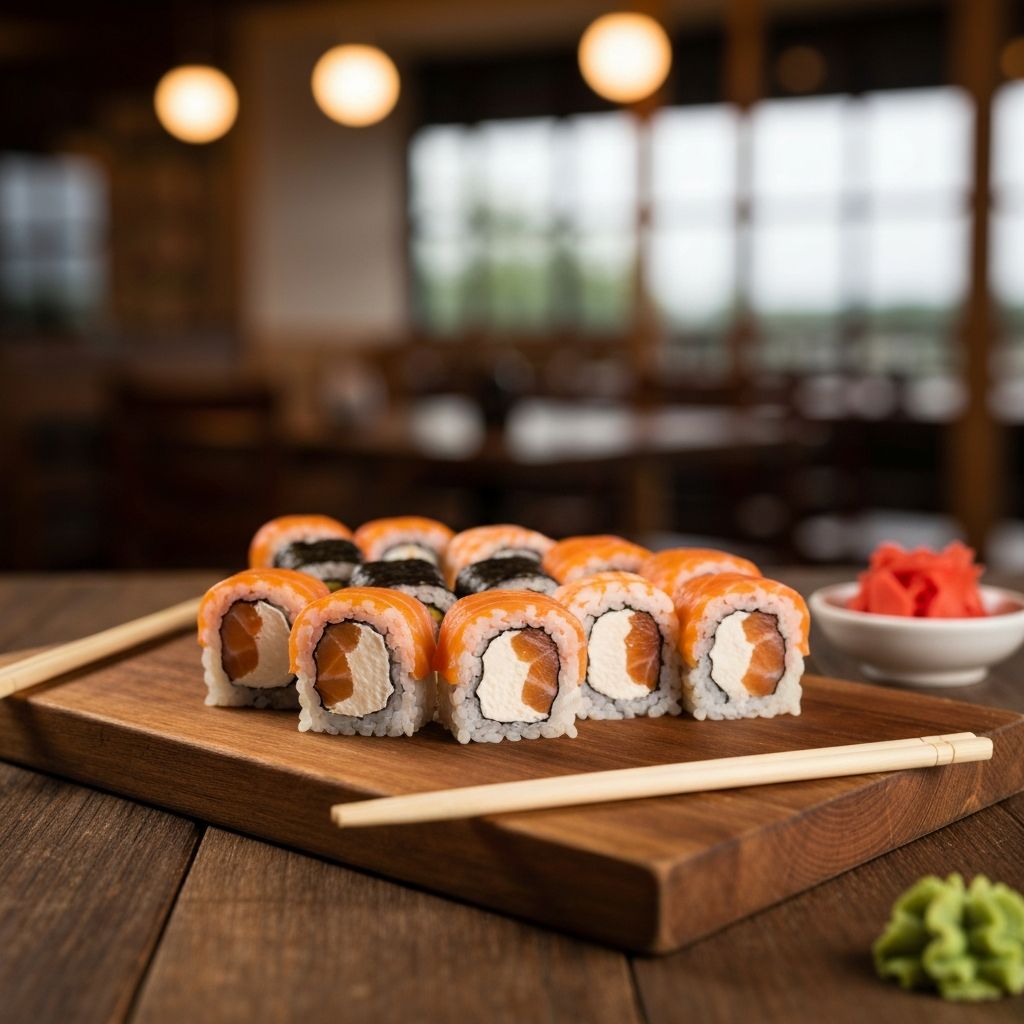 Fresh sushi rolls and nigiri on a wooden board with chopsticks