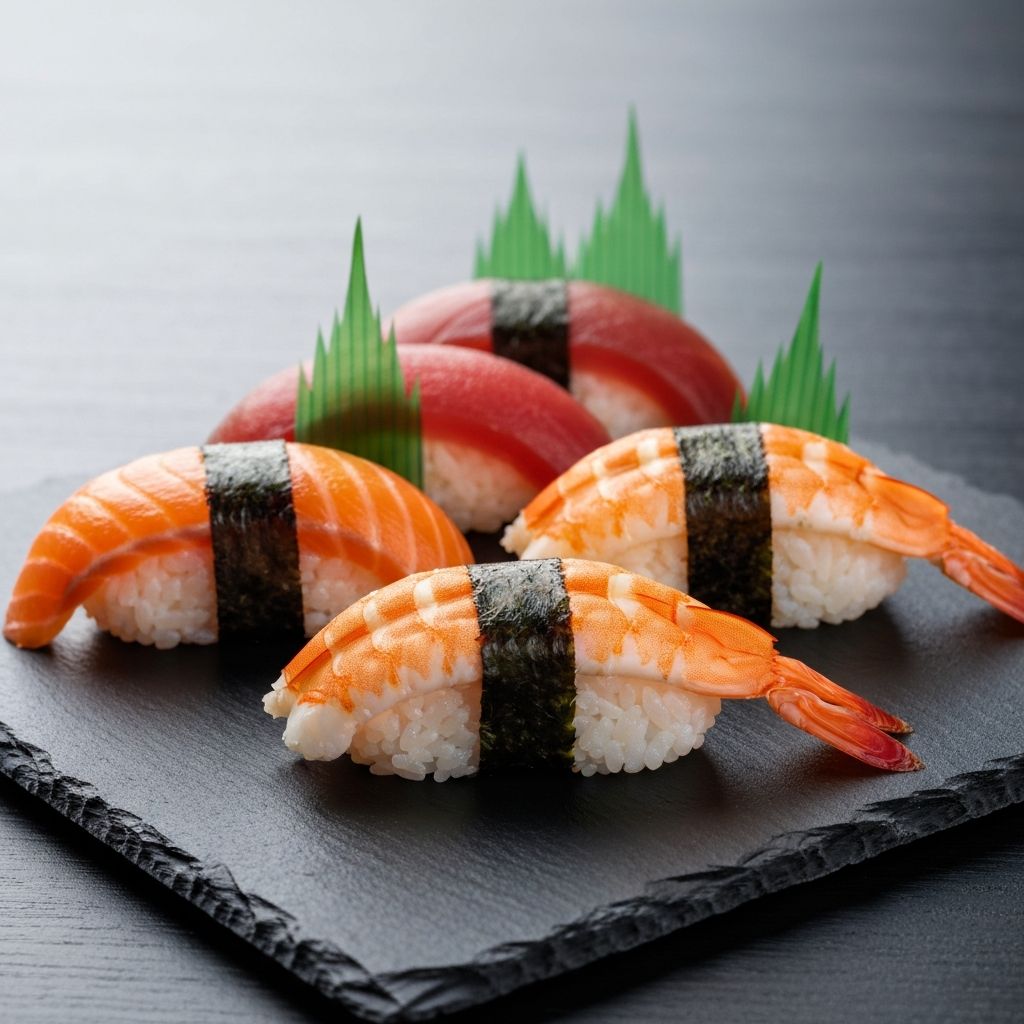 Row of fresh salmon, tuna, and prawn nigiri on a dark slate board