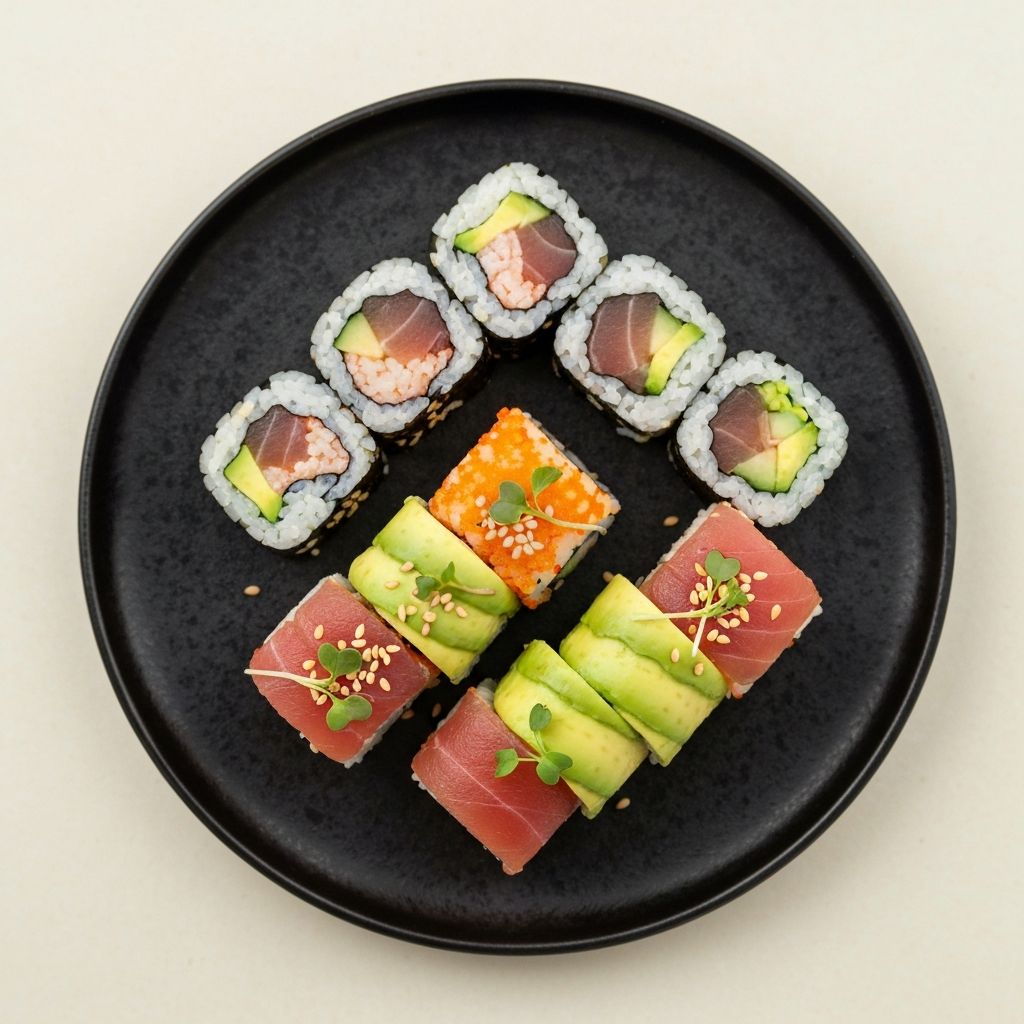Selection of colourful sushi rolls on a dark ceramic plate
