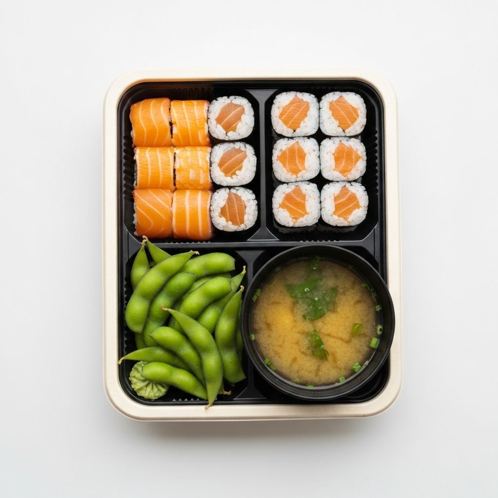 Neatly packed Japanese bento takeaway box viewed from above